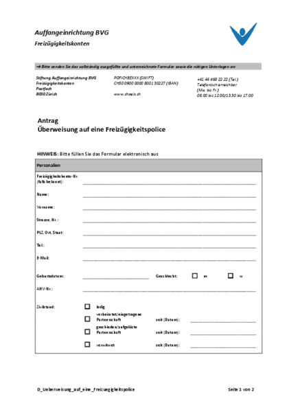 Überweisung auf eine Freizügigkeitspolice