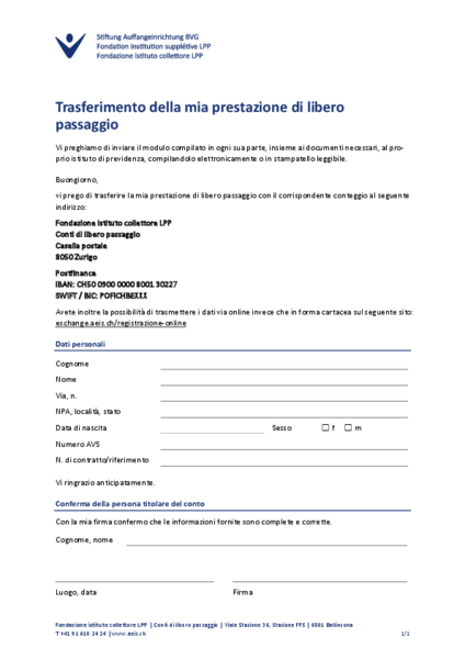 Versamento di mio libero passaggio