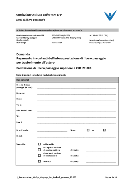 Pagamento in contanti intero per trasferimento all’estero > CHF 20