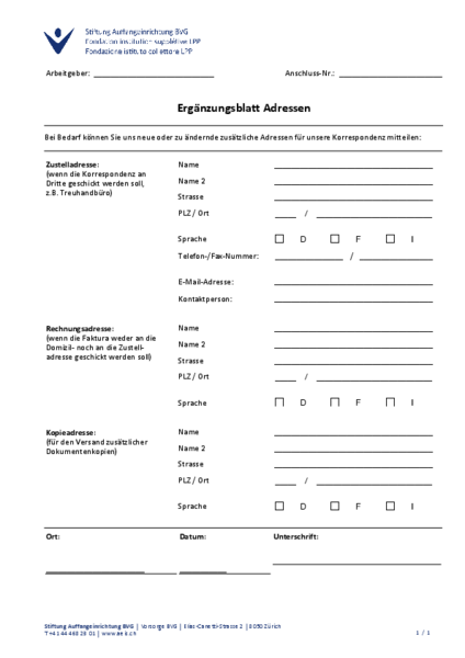 Ergänzungsblatt Adressen