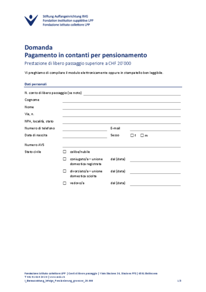 Pagamento in contanti per pensionamento > CHF 20