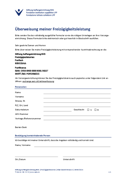 Überweisung meiner Freizügigkeitsleistung