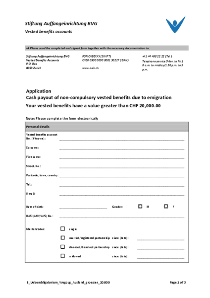 Cash payout of non-compulsory vested benefits due to emigration > CHF 20