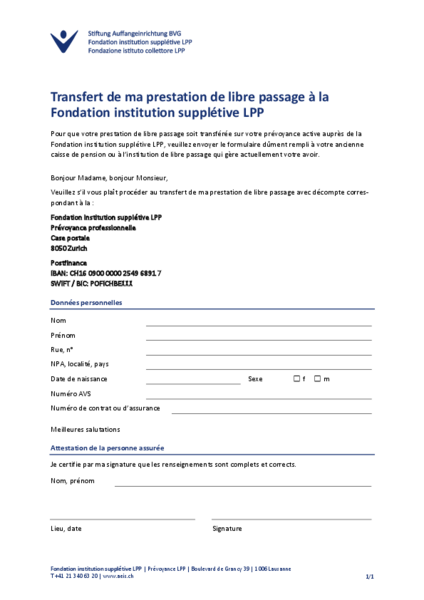 Transfert de ma prestation de libre passage à la Fondation institution supplétive LPP