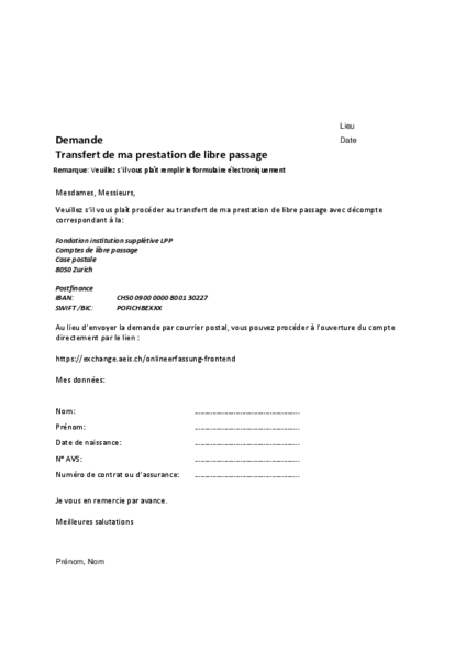 Transfert de ma prestation de libre passage