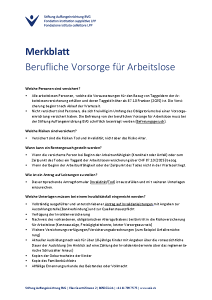 Merkblatt Berufliche Vorsorge für Arbeitslose