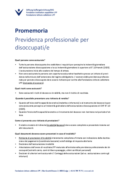 Promemoria Previdenza professionale per disoccupati/e