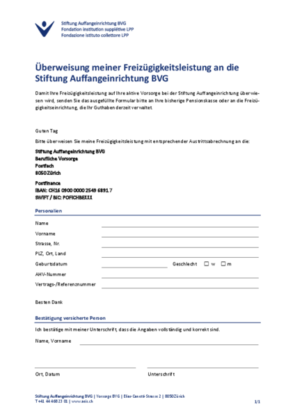 Überweisung meiner Freizügigkeitsleistung an die Stiftung Auffangeinrichtung BVG