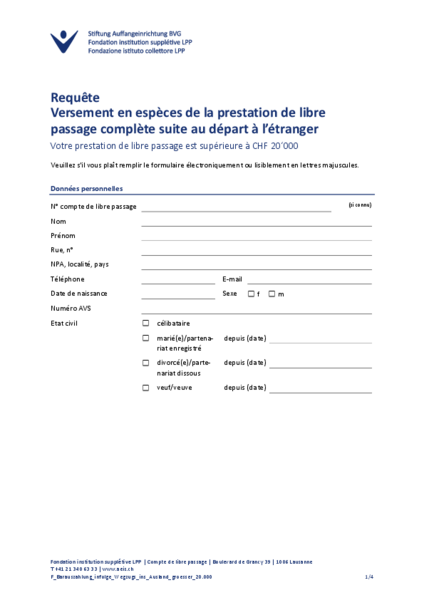 CLP: Versement en espèces de la prestation de libre passage complète suite au départ à l’étranger supérieure 20
