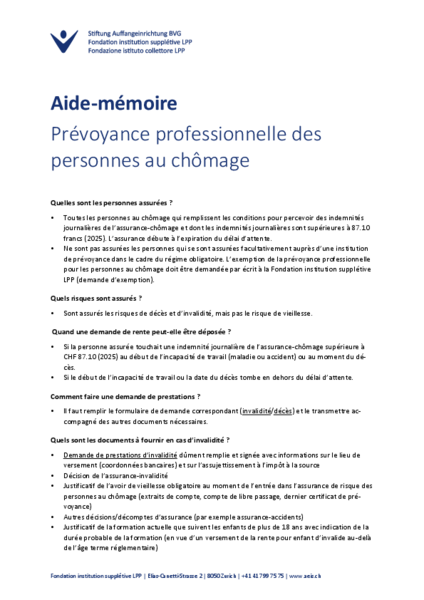 Aide-mémoire Prévoyance professionelle des personnes au chômage