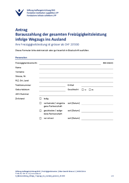 FZK: Barauszahlung gesamte Freizügigkeitsleistung Wegzug Ausland grösser 20