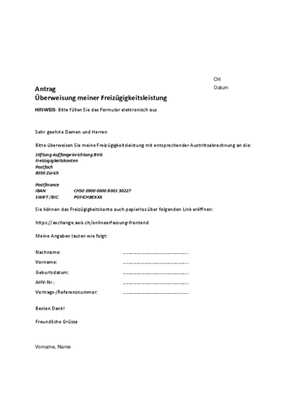 Überweisung meiner Freizügigkeitsleistung