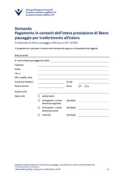 CLP: Pagamento in contanti intera prestazione di libero passaggio per trasferimento all’estero inferiore 20
