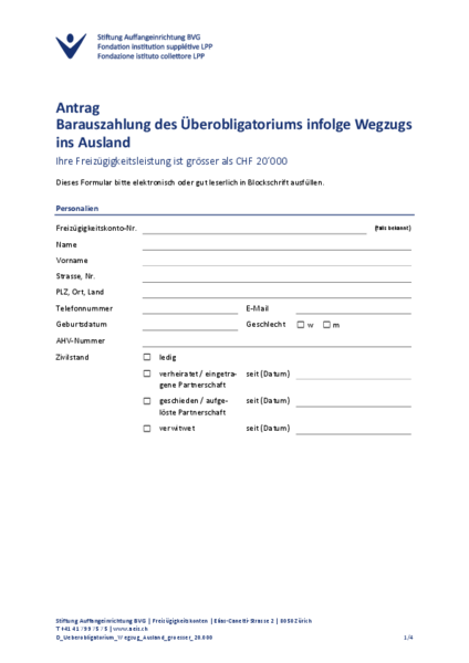 FZK: Barauszahlung Überobligatorium Wegzug Ausland grösser 20