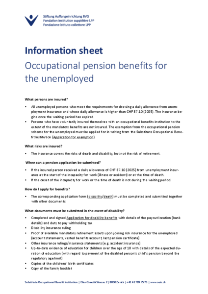 Information sheet Occupaional pension benefits for the unemployed