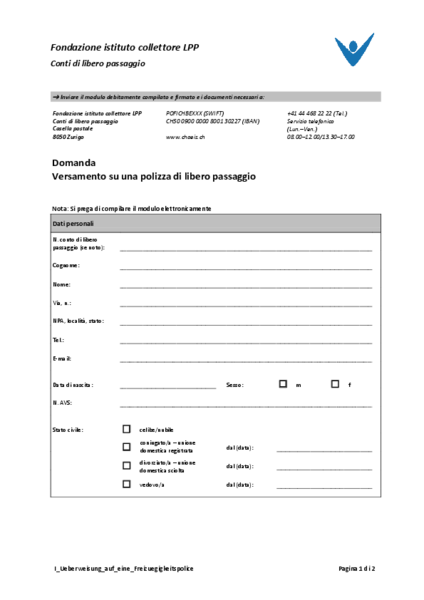 Versamento su una polizza di libero passaggio