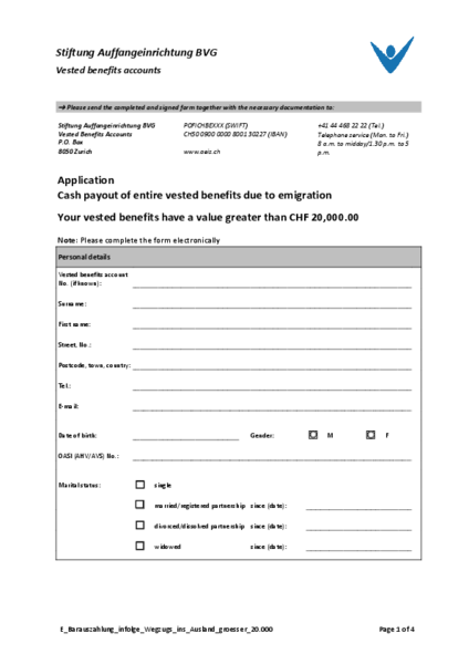 Cash payout of entire vested benefits due to emigration > CHF 20
