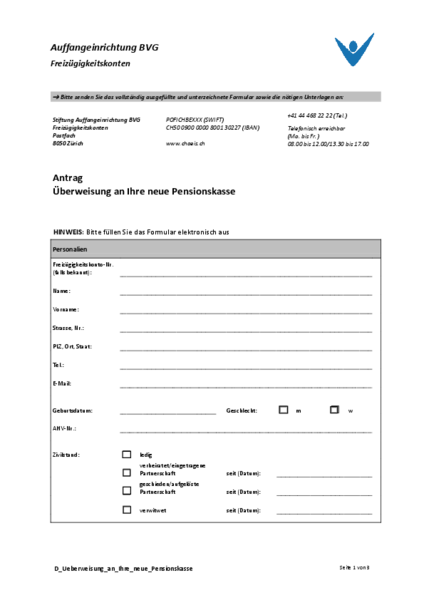Überweisung an neue Pensionskasse