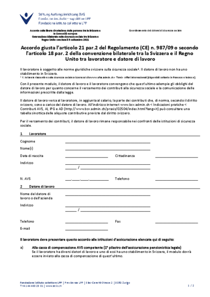 Accordo giusta l’articolo 21 del Regolamento n. 987/09