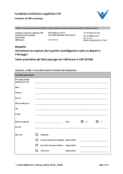 Versement en espèces de la partie surobligatoire suite au départ à l’étranger < CHF 20