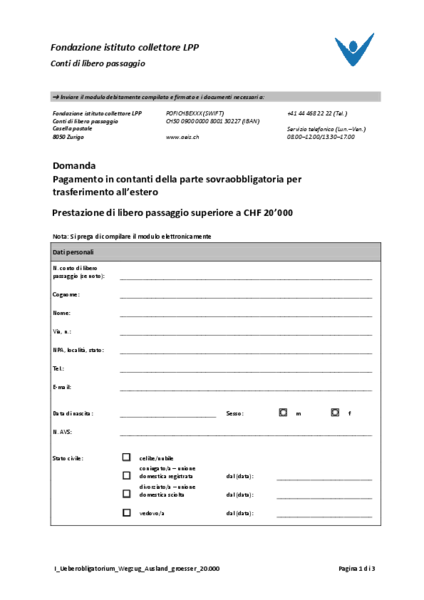 Pagamento in contanti sovraobbligatorio per trasferimento all’estero superiore a CHF 20