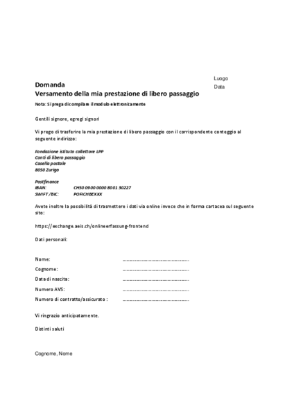 Versamento di mio libero passaggio