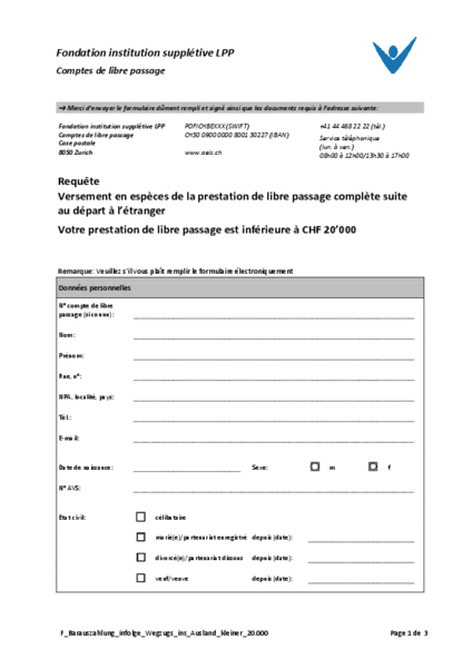 Versement en espèces suite au départ à l’étranger < CHF 20