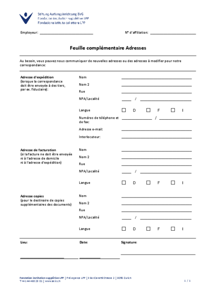 Feuille complémentaire adresses