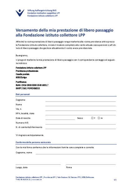 Versamento della mia prestazione di libero passaggio alla Fondazione istituto collettore LPP